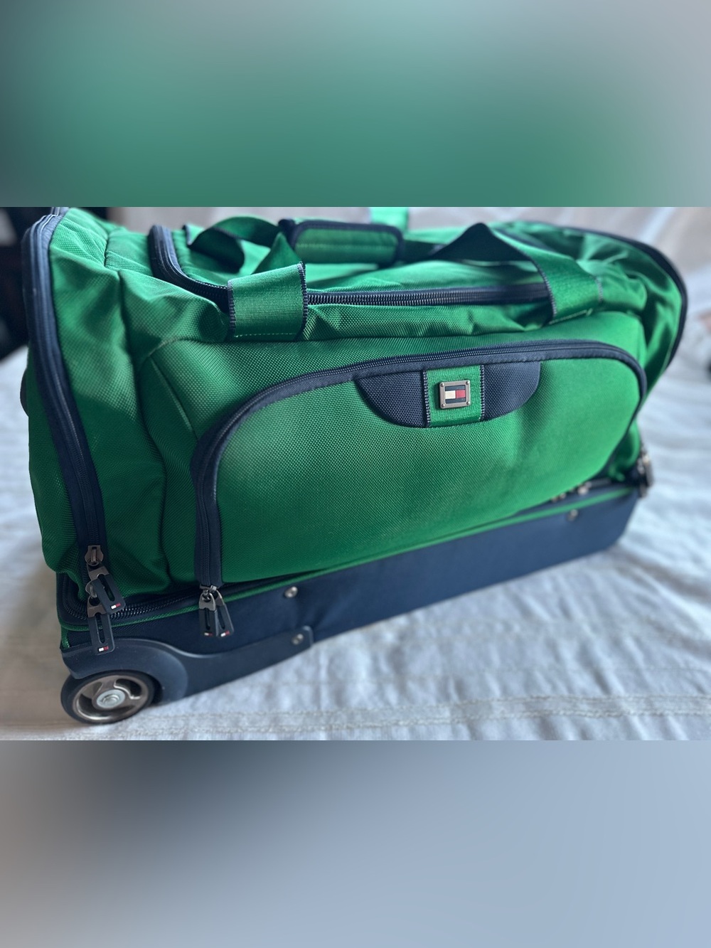 Vintage 90s Tommy Hilfiger Green Rolling Duffel Bag Heritage Stripe Luggage